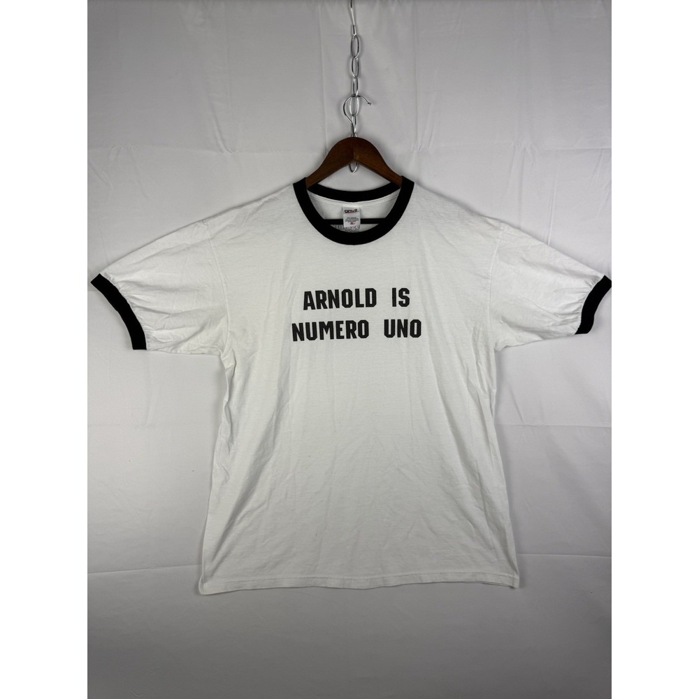 Vtg Y2K "Arnold Is Numero Uno" Ringer Shirt XL Anvil Bodybuilding Schwarzenegger